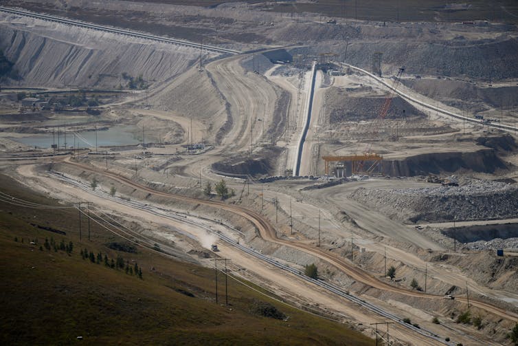 An aerial photo of a large strip mine.
