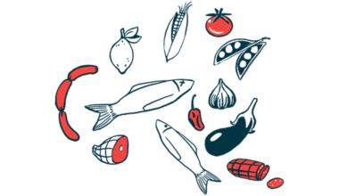 An array of healthy foods, including fish and legumes, is shown.