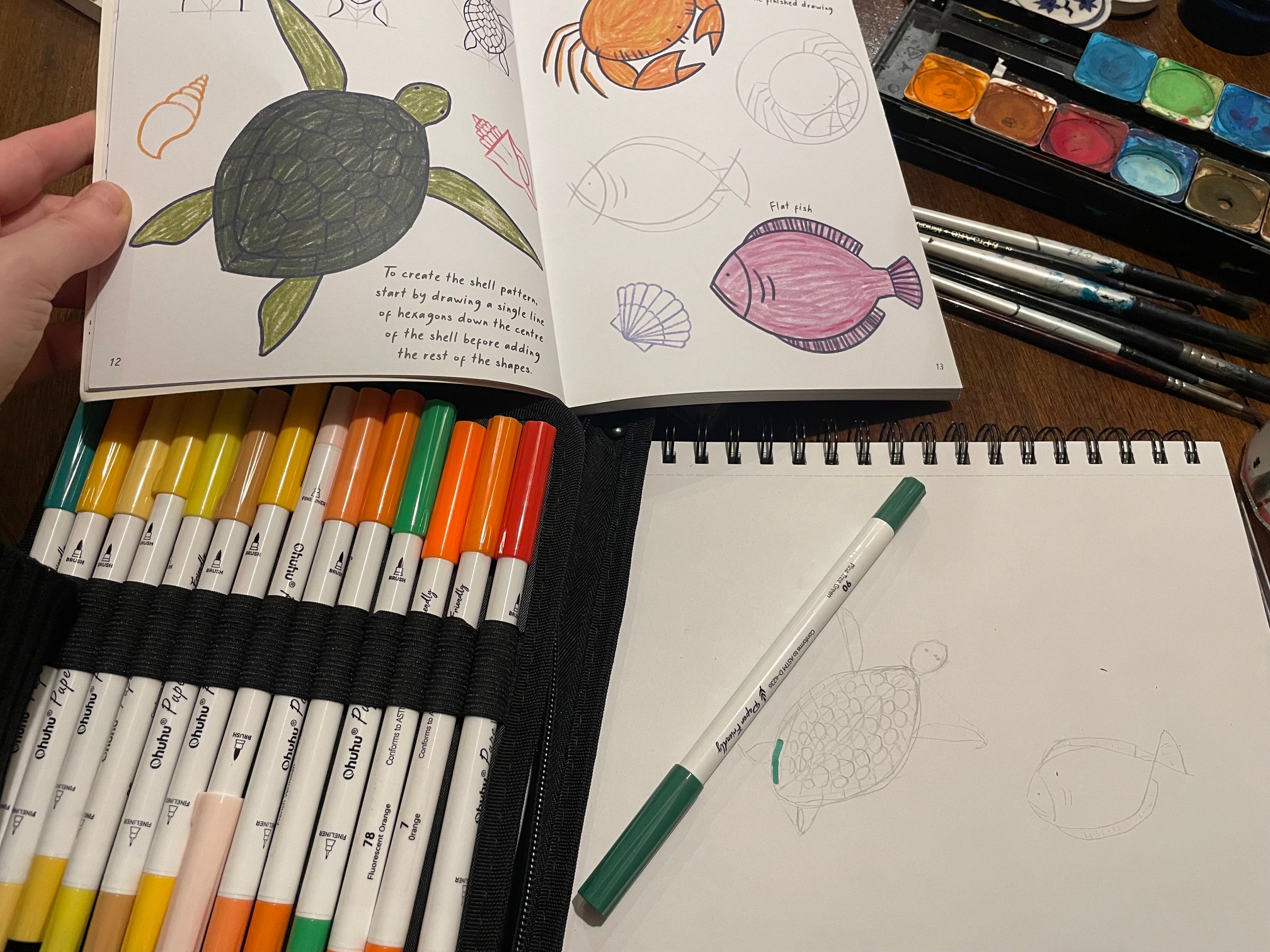 drawing of a turtle and a fish in felt tip pen next to a book with instructions on how to draw