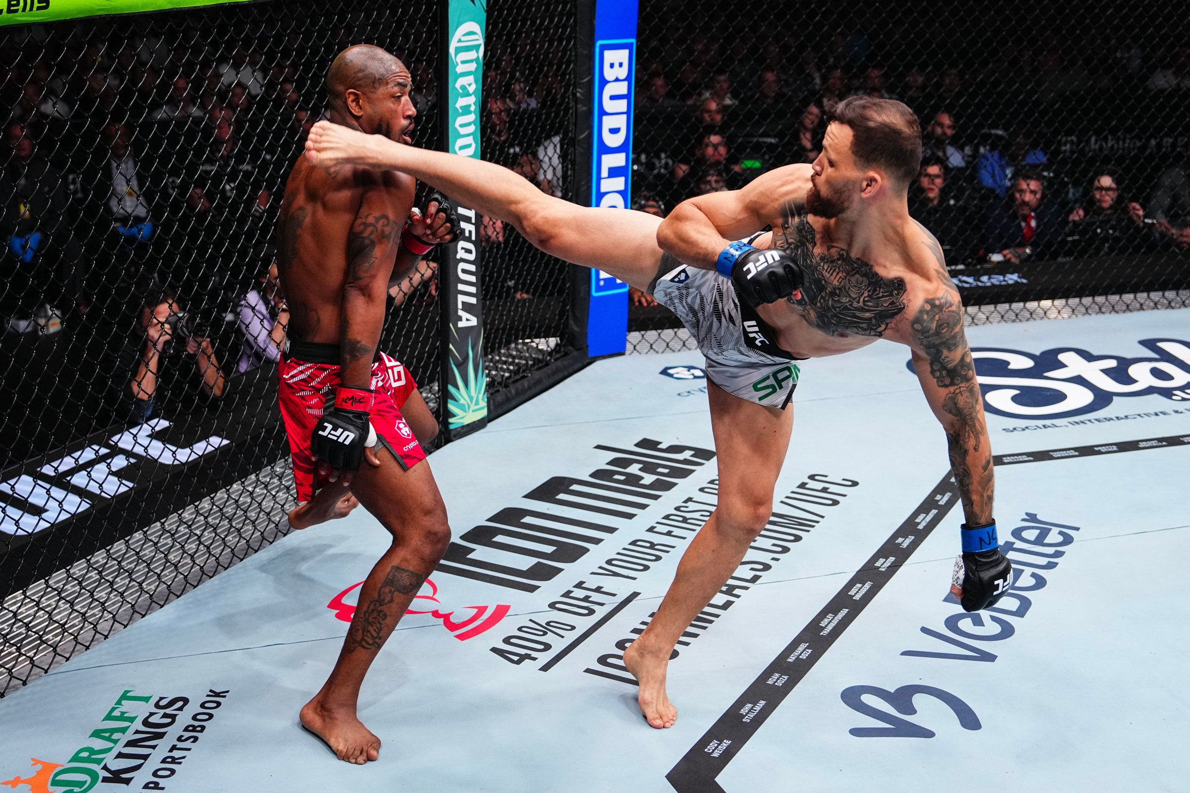 LAS VEGAS, NEVADA - MARCH 08: (R-L) Mauricio Ruffy of Brazil kicks King Green in a lightweight fight during the UFC 313 event at T-Mobile Arena on March 08, 2025 in Las Vegas, Nevada. (Photo by Jeff Bottari/Zuffa LLC)
