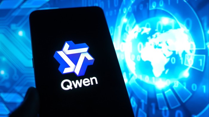 The Qwen chatbot app logo is displayed on a smartphone screen, with a digital globe and binary code in the background.