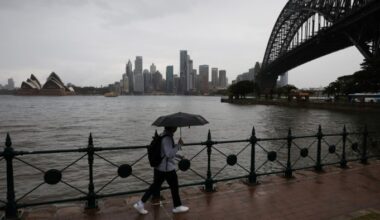 A person with an umbrella walks along a rainy waterfront near the Sydney Harbour Bridge, with the Sydney Opera House and city skyline in the background.