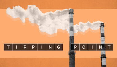 Montage of industrial chimneys and the words ‘Tipping point’