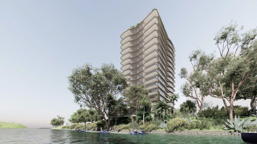 Architectural rendering of the external built form of the proposed 178–180 Macquarie Street St Lucia residential development viewed from the Brisbane River.