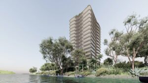 Architectural rendering of the external built form of the proposed 178–180 Macquarie Street St Lucia residential development viewed from the Brisbane River.