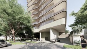 Architectural rendering of the external built form of the proposed 178–180 Macquarie Street St Lucia residential development