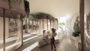 Architectural rendering of the internal residential foyer at the proposed 178–180 Macquarie Street St Lucia development.