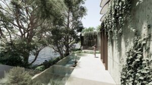 Architectural rendering of the podium level and riverfront communal amenities at the proposed 178–180 Macquarie Street St Lucia development.