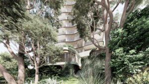 Architectural rendering of the external built form of the proposed 178–180 Macquarie Street St Lucia residential development viewed from the Brisbane River.