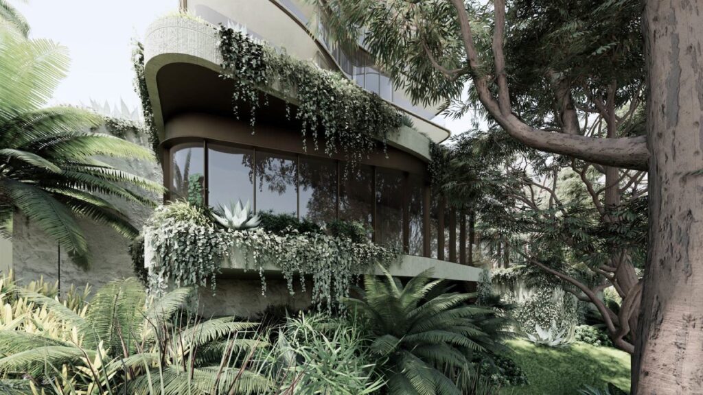 Architectural rendering of the external built form of the proposed 178–180 Macquarie Street St Lucia residential development viewed from the Brisbane River.