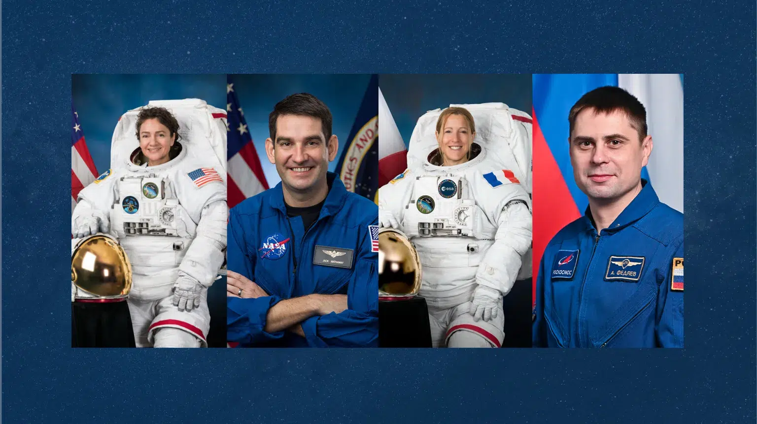From left to right, NASA astronauts Jessica Meir and Jack Hathaway, ESA (European Space Agency) astronaut Sophie Adenot, and Roscosmos cosmonaut Andrey Fedyaev.
Credit: NASA