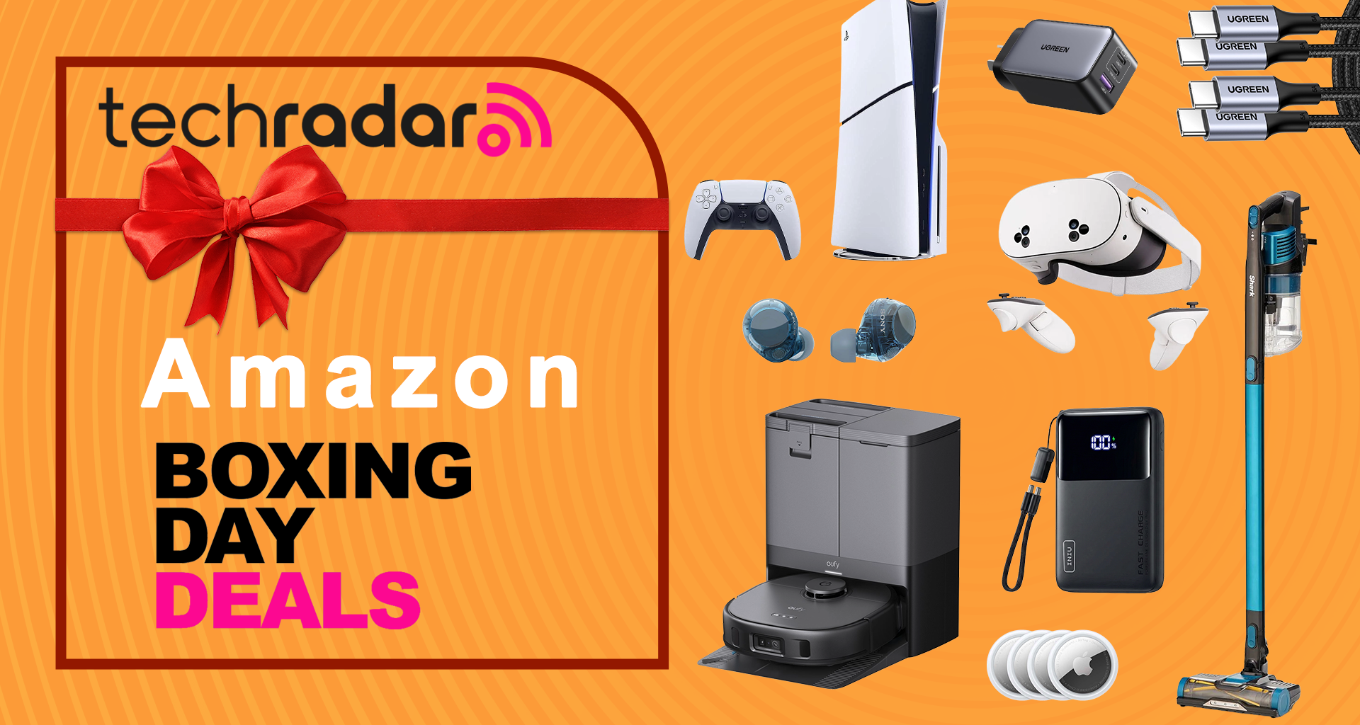 A collection of tech and electronic items on an orange TechRadar Boxing Day deals background