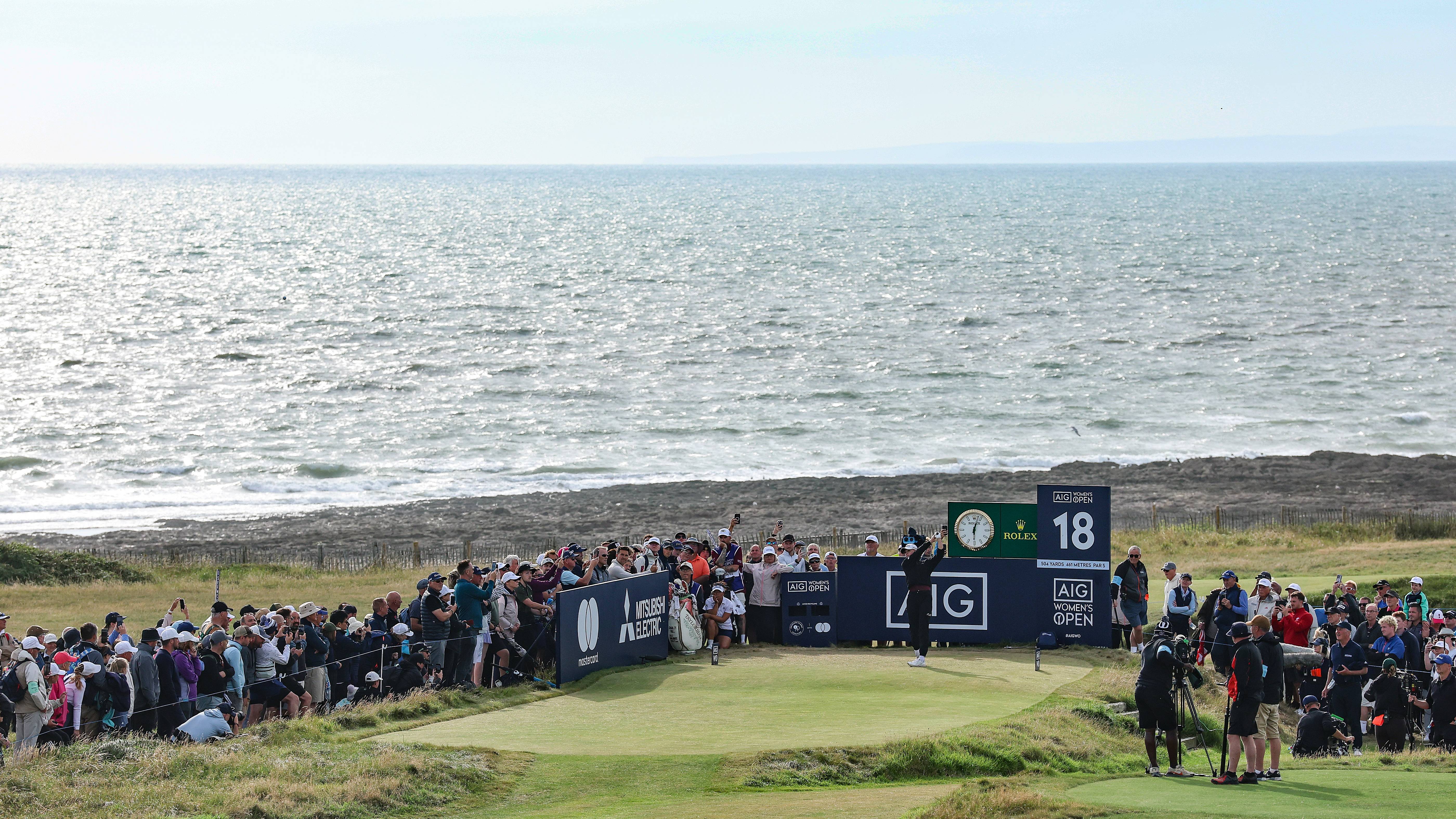 Charley Hull tees off the 18th at Royal Porthcawl in the final round of the 2025 AIG Women's Open
