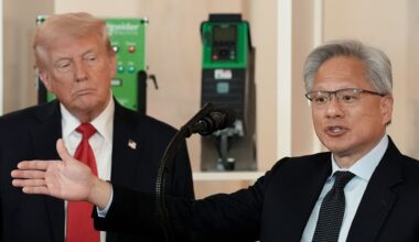 Donald Trump and Jensen Huang speaking at a press conference.