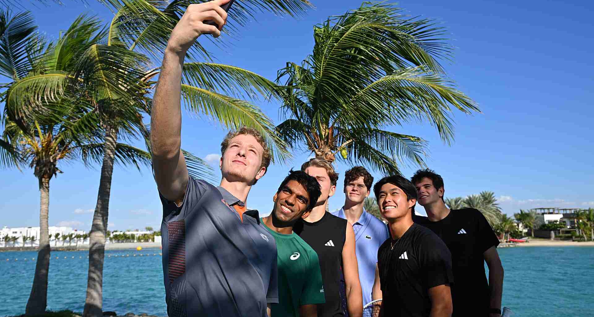 Martin Landaluce, Nishesh Basavareddy, Justin Engel, Alexander Blockx, Learner Tien and Rafael Jodar at the Silver Sands Beach.