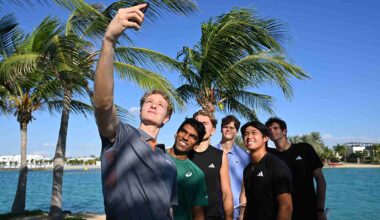 Martin Landaluce, Nishesh Basavareddy, Justin Engel, Alexander Blockx, Learner Tien and Rafael Jodar at the Silver Sands Beach.