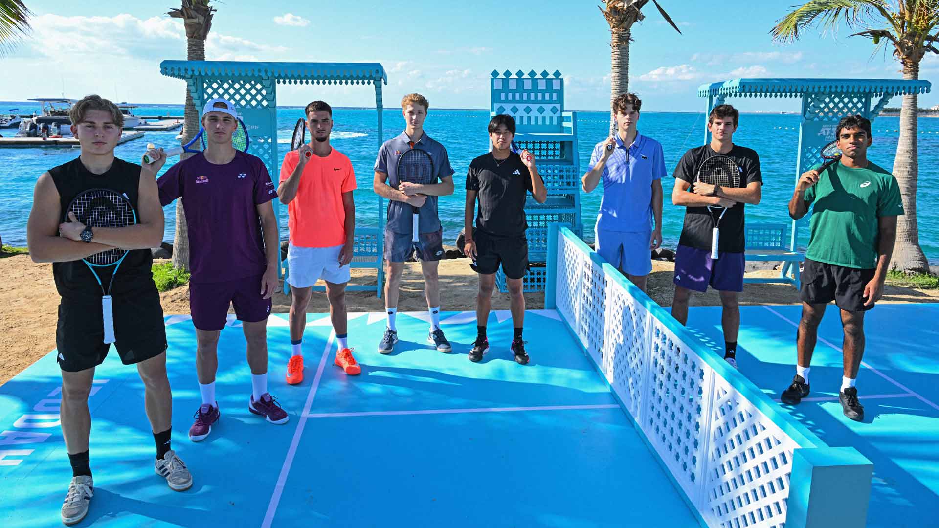 Justin Engel, Nicolai Budkov Kjaer, Dino Prizmic, Martin Landaluce, Learner Tien, Alexander Blockx, Rafael Jodar and Nishesh Basavareddy pose for the official group photo of the 2025 Next Gen ATP Finals presented by PIF.