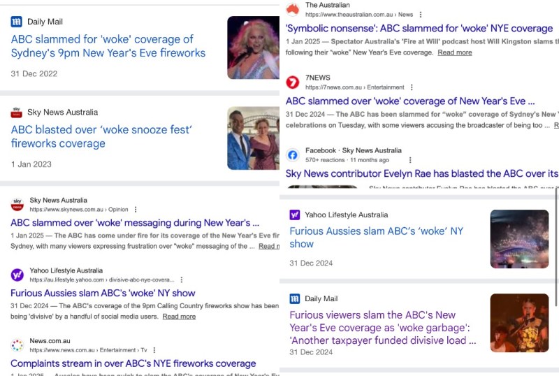 News articles and headlines discussing criticism of ABC's coverage of Sydney's New Year's Eve fireworks, highlighting viewer backlash against perceived 'woke' messaging in 2022 and 2023.