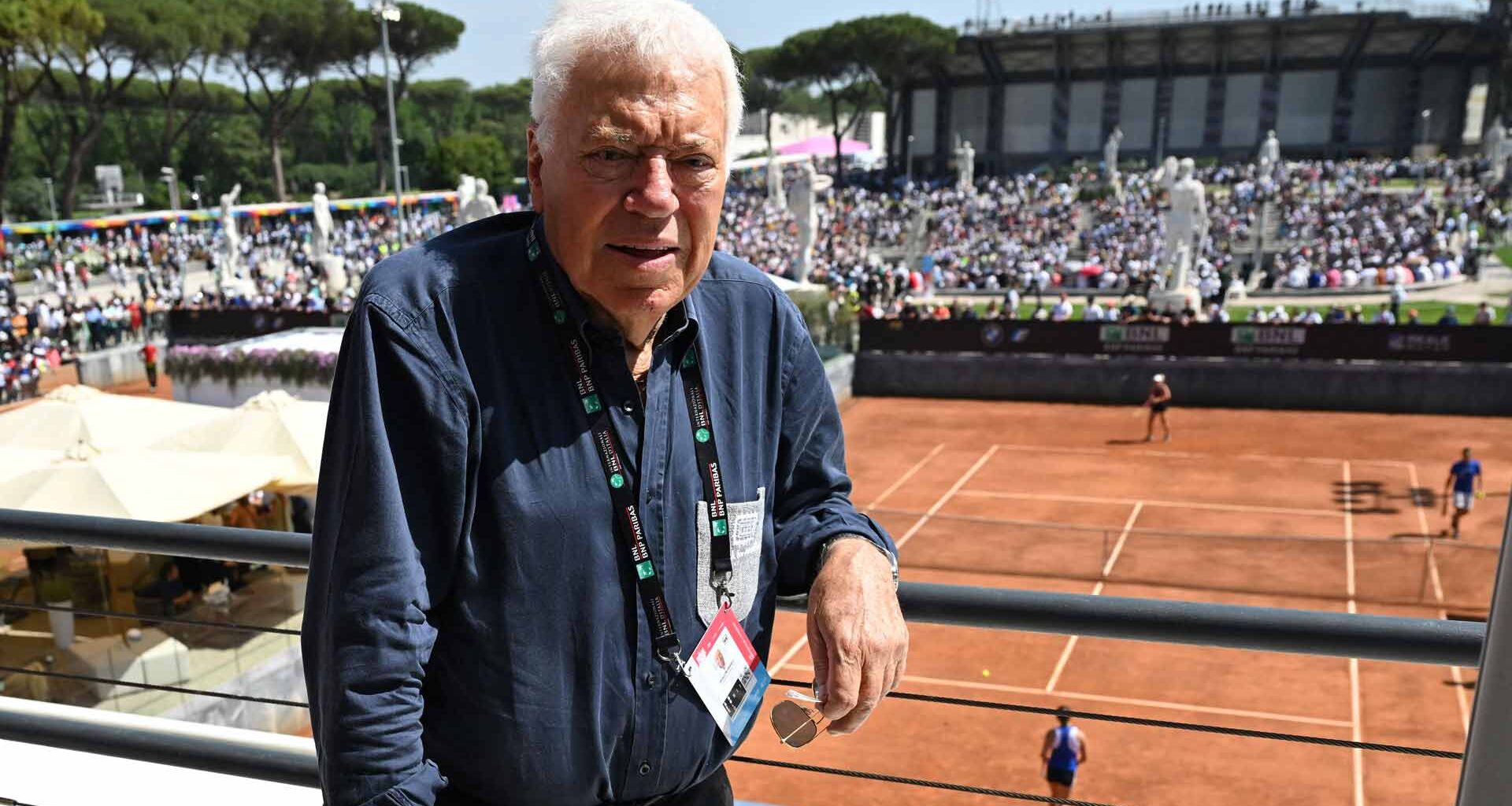 Nicola Pietrangeli in 2022 posed for a photo at the Foro Italico, home of the Internazionali BNL d'Italia, where a court is named after him.