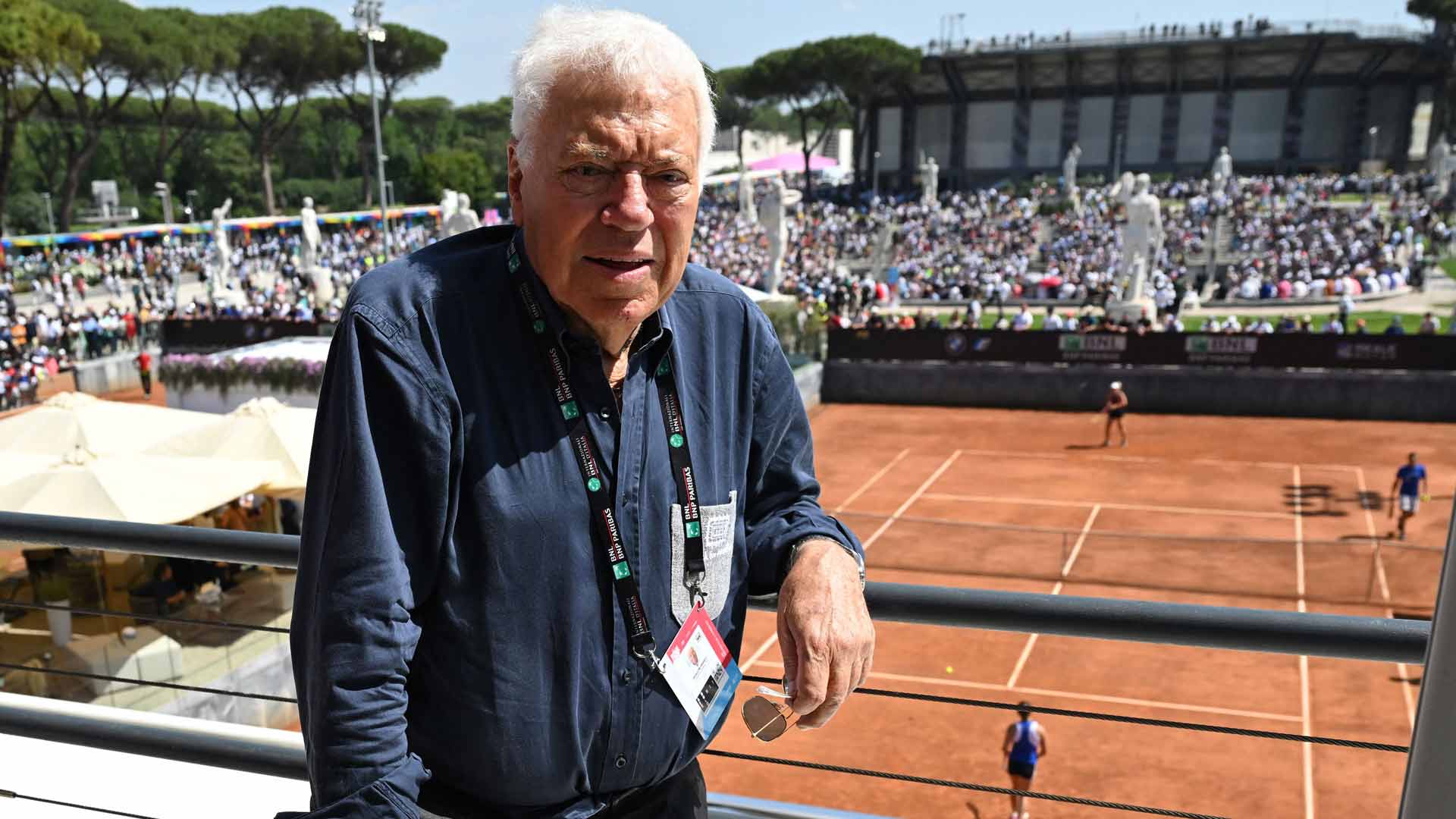 Nicola Pietrangeli in 2022 posed for a photo at the Foro Italico, home of the Internazionali BNL d'Italia, where a court is named after him.