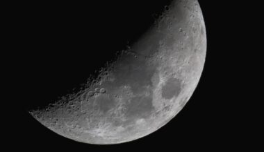 The moon shines with its right half lit and its left veiled in shadow against a black night sky. Dark plains can be seen marking its surface around the equator, while large craters line the line separating night from day.