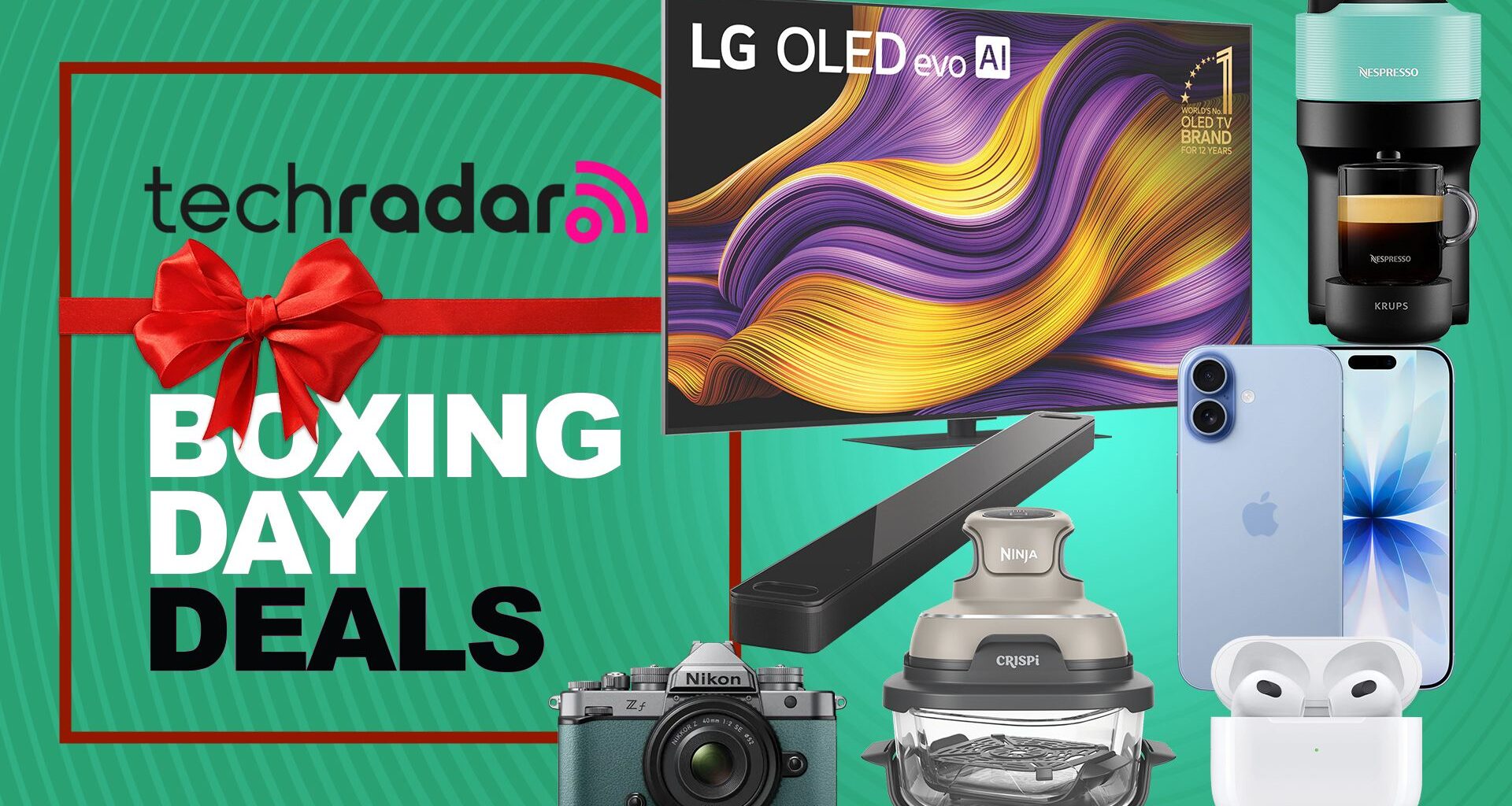 A collection of tech and electronic items on a green TechRadar Boxing Day deals background