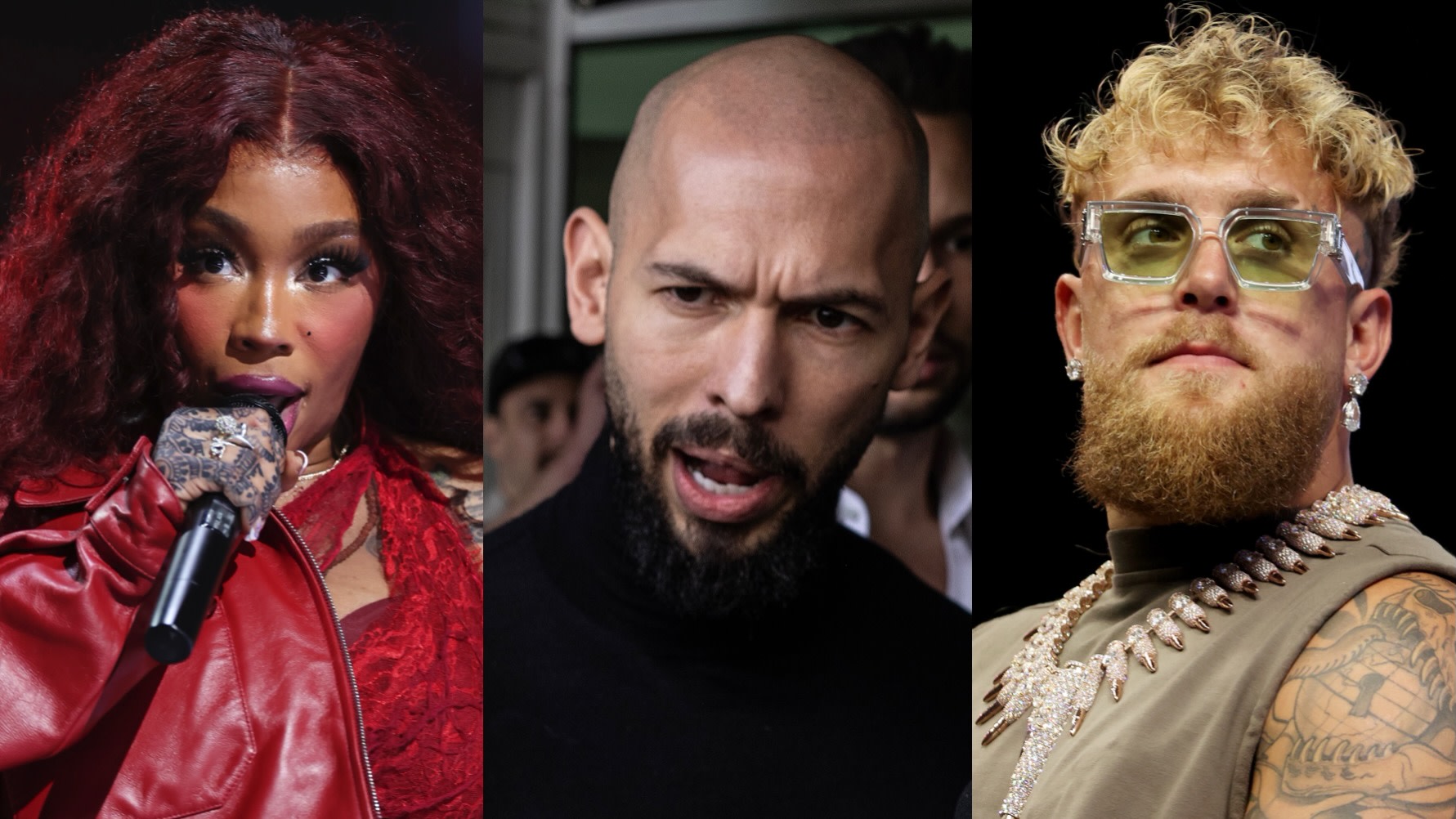 (L-R) SZA, Andrew Tate and Jake Paul.