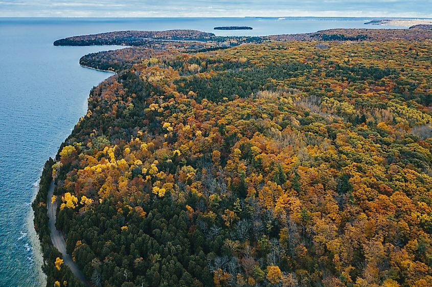 Aerial view of Peninsula State Park, Wisconsin, in fall.