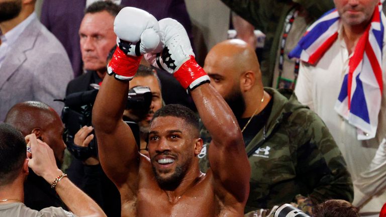Joshua celebrating his win after the fight. Pic: Reuters