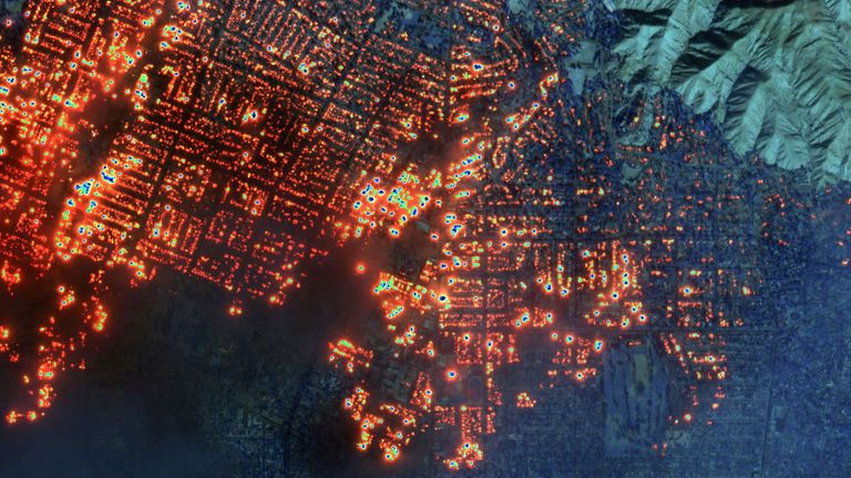 Fires blazed across parts of Los Angeles and San Diego. Pic: Vantor