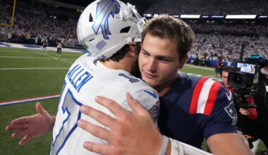 Buffalo Bills quarterback Josh Allen, left, and New England Patriots quarterback Drake Maye, right, greet at midfield after their NFL football game, Sunday, Sept. 5, 2025, in Orchard Park, N.Y. (AP Photo/Gene J. Puskar)