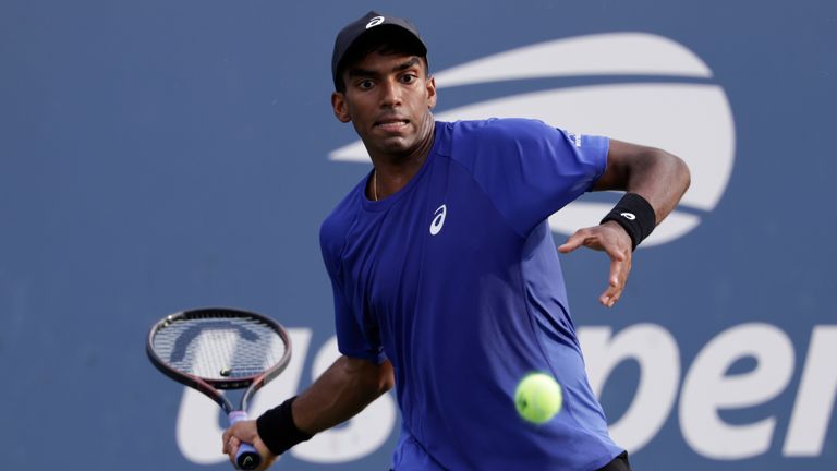 Nishesh Basavareddy, of the United States, during the first round of the US Open tennis championships, Monday, Aug. 25, 2025, in New York. (AP Photo/Adam Hunger)