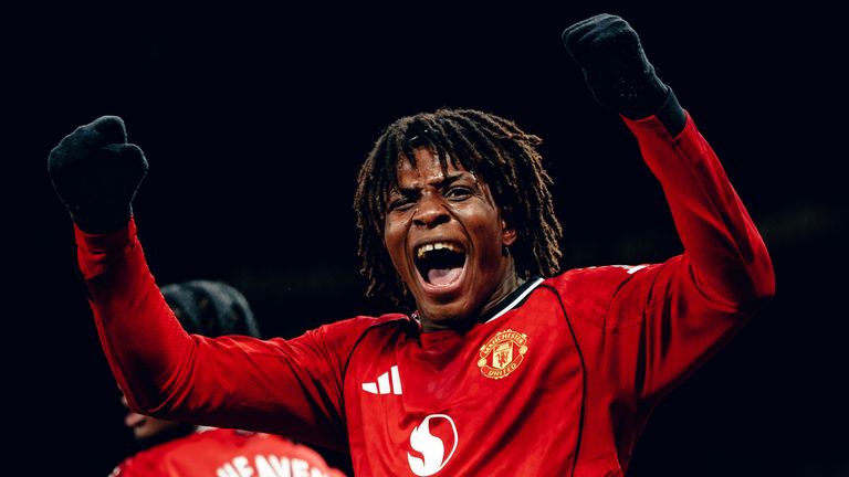 Patrick Dorgu celebrates giving Man Utd the lead against Newcastle