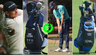 Justin Rose and Adam Schenk hit golf shots, with Tommy Fleetwood and Aaron Rai's golf bag present