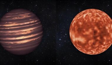 The typical artistic view of a Jupiter-like world (left) compared to a look based on new research (right). Credit: NASA/JPL-Caltech