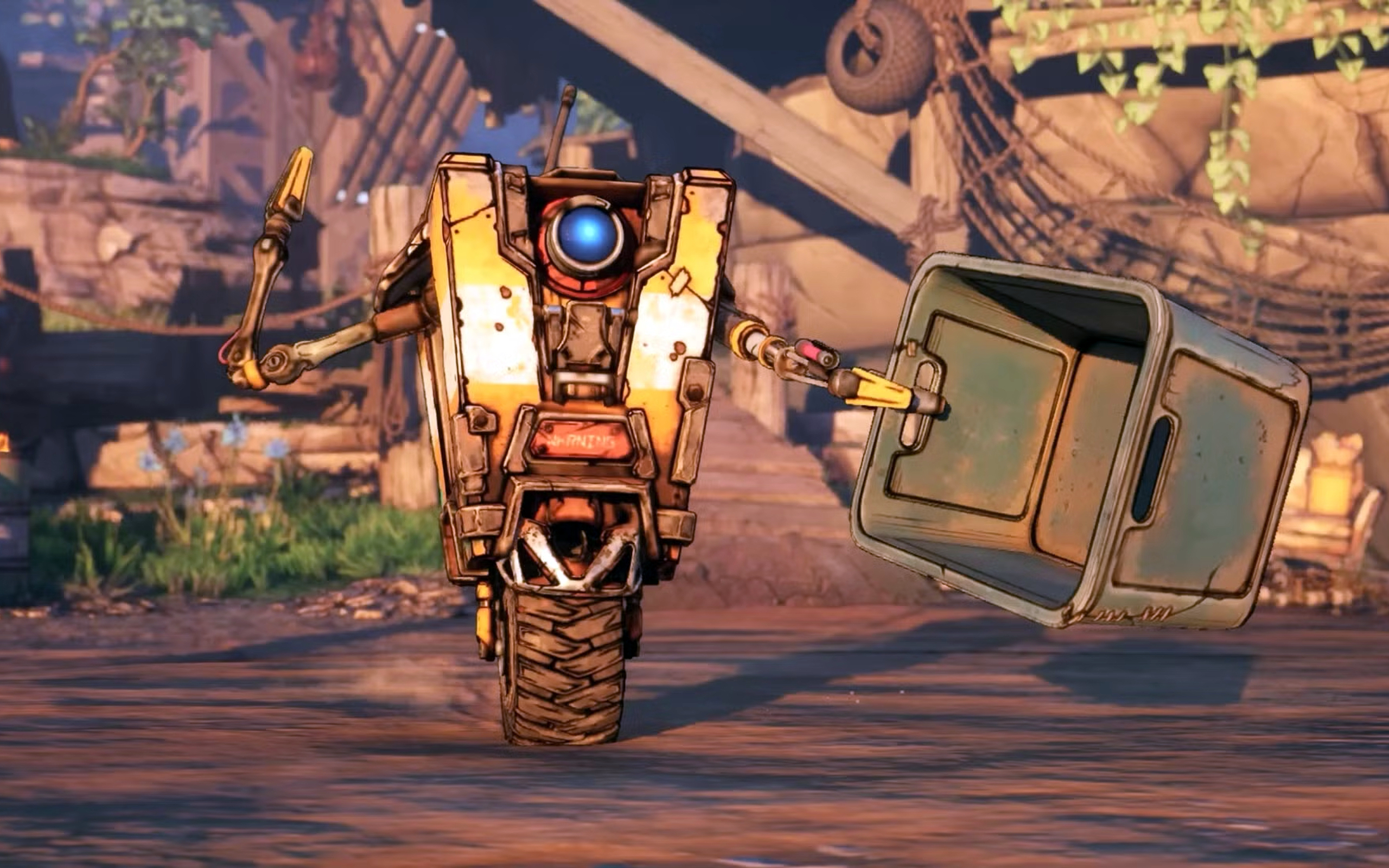 Borderlands 4 elevator clearance: Claptrap moving towards the camera while holding an empty box out with his left hand.