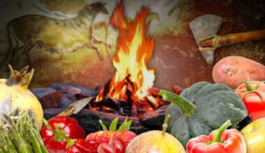 A cave painting with a fire and fruit and vegetables.