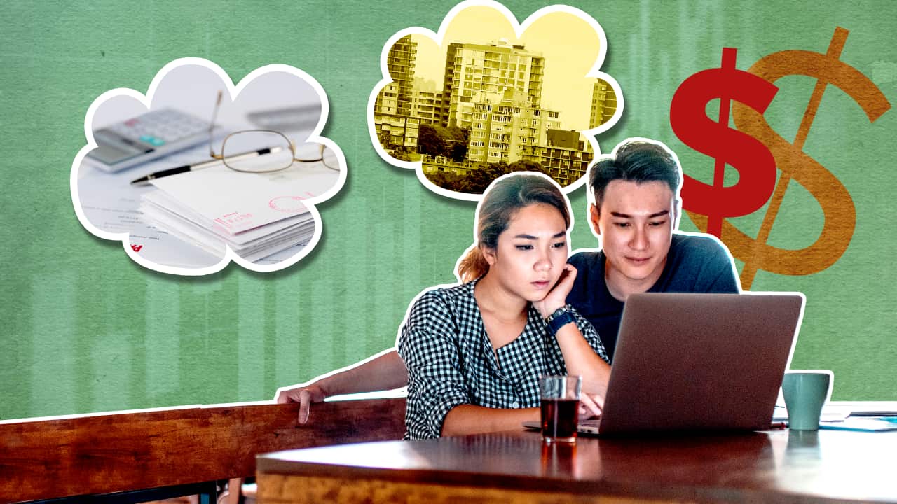 A stylised image featuring a man and a woman sitting at a table in front of a laptop, with dollar signs, buildings, documents, and a calculator motif in the background.