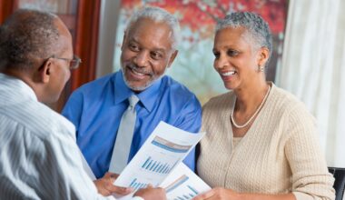 Adults talking with advisor.