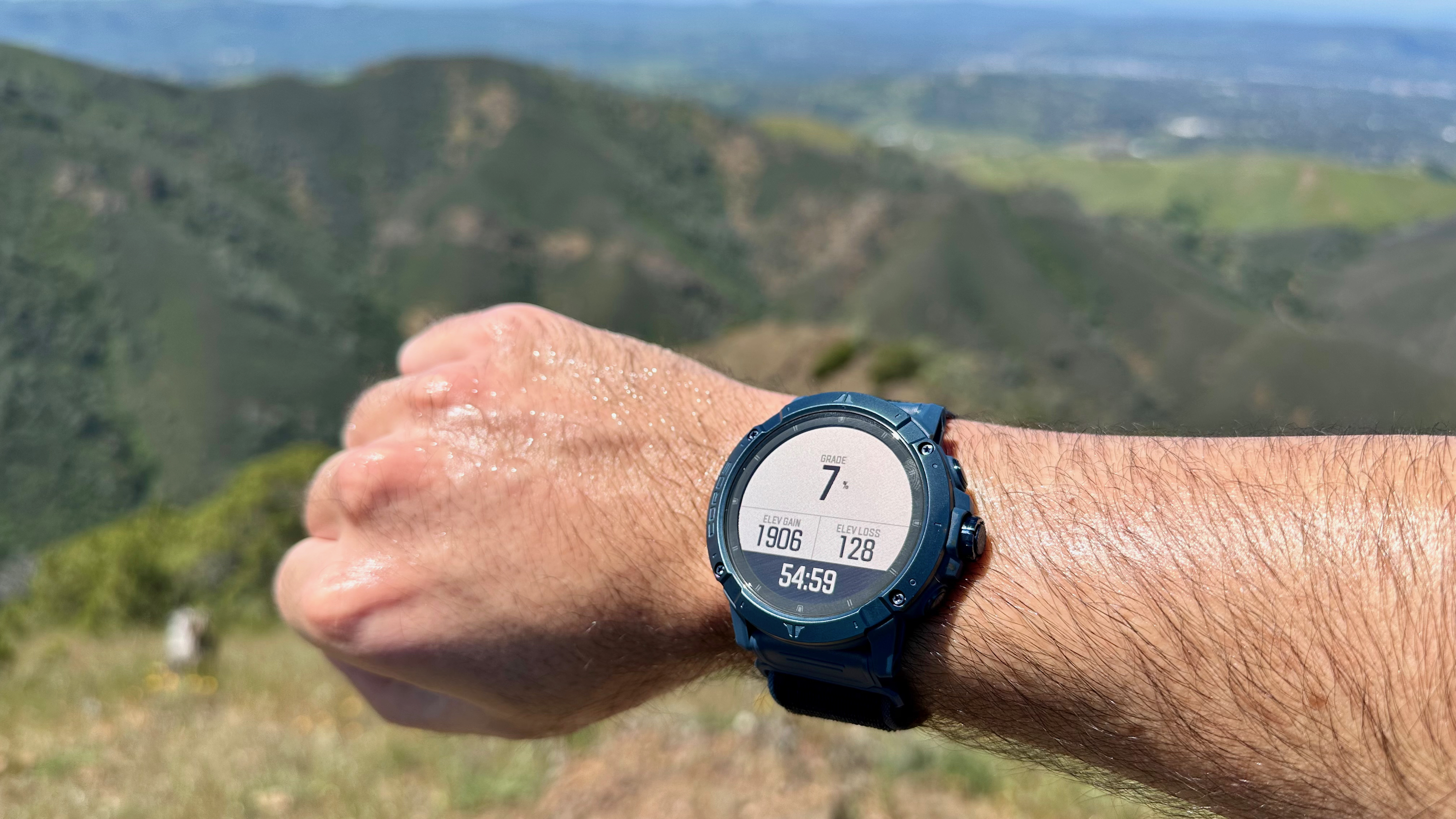 Elevation and grade data on the COROS VERTIX 2S, worn on a Mount Diablo trail.