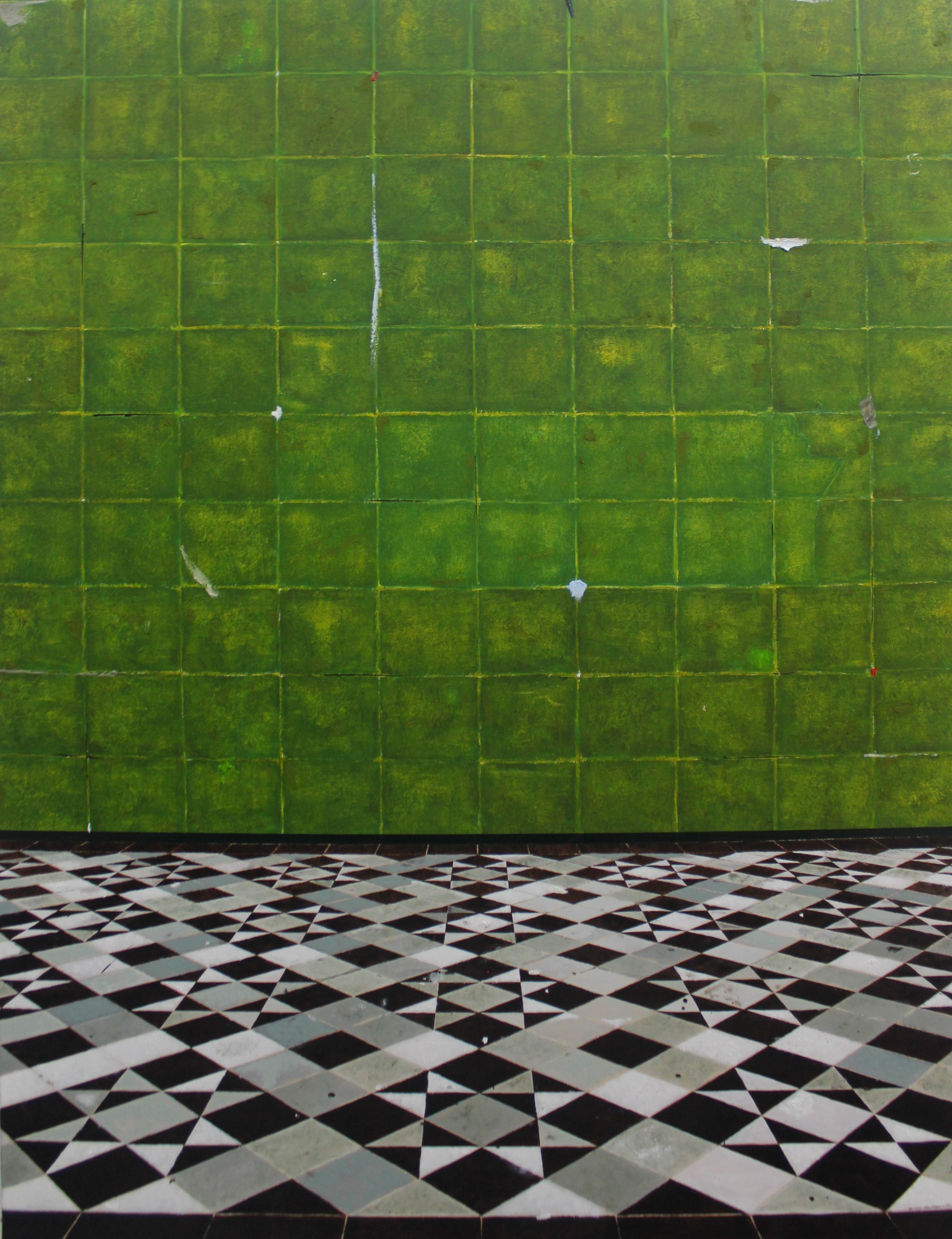 Green tiled wall and patterned floor.