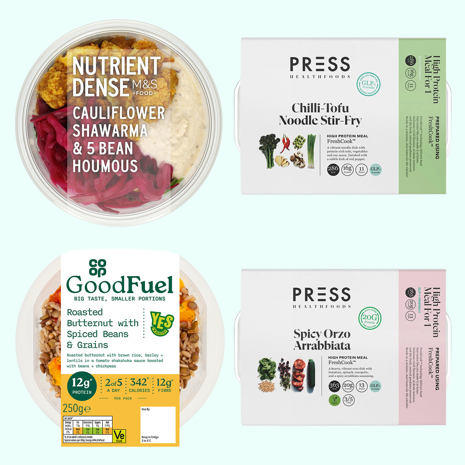 Collage of four healthy prepared meals: a cauliflower shawarma bowl, chilli-tofu noodle stir-fry, roasted butternut with spiced beans and grains, and spicy orzo arrabbiata.