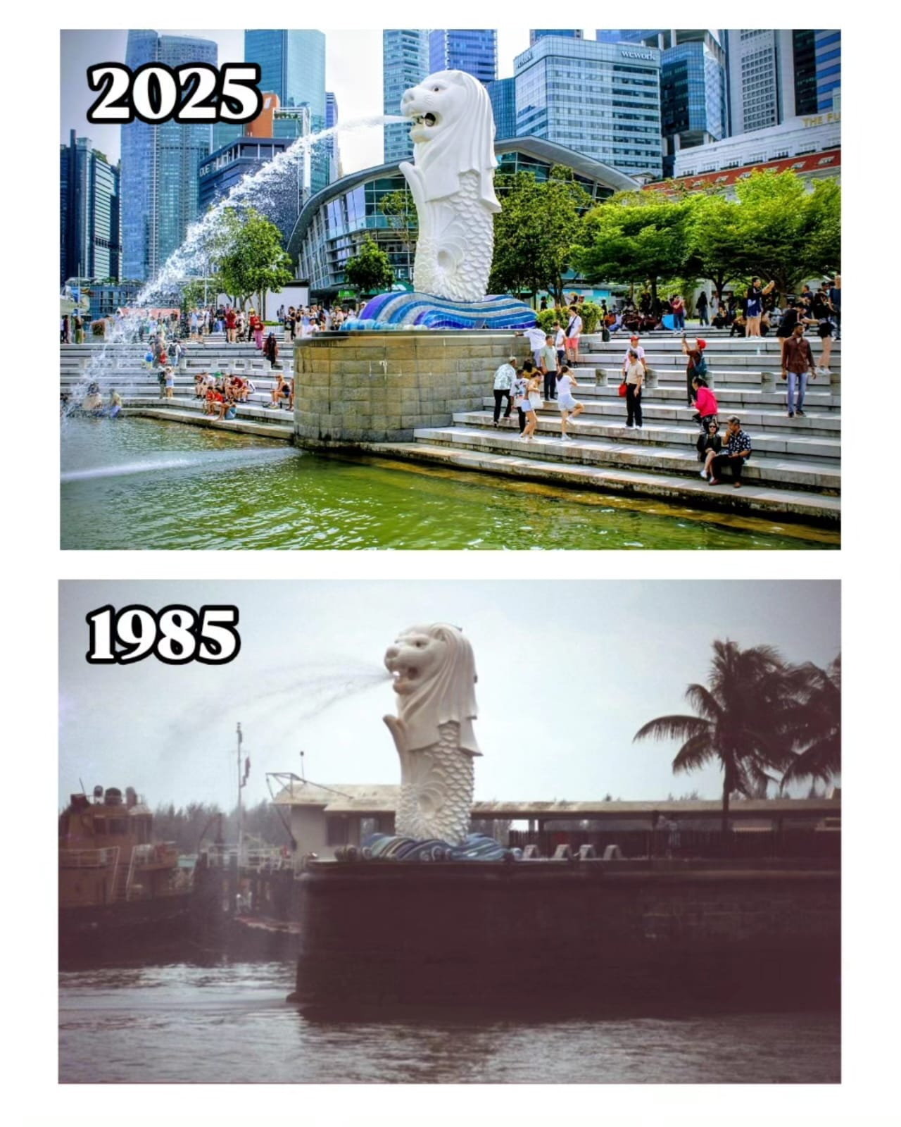 A collage of two images comparing the Merlion statue in Singapore in 2025 and 1985.