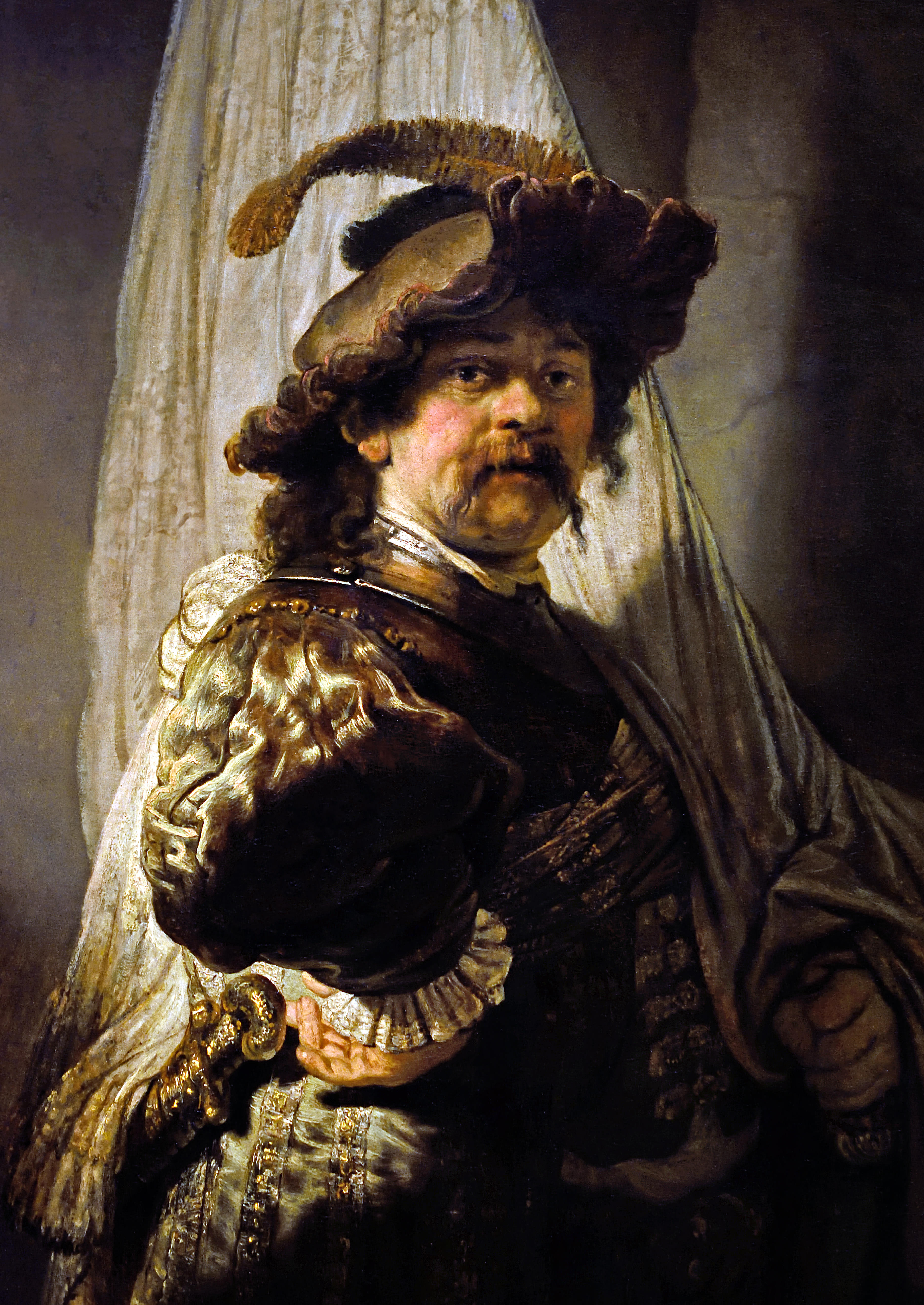 The Standard Bearer by Rembrandt, a Dutch oil on canvas painting, shows a confident man in 17th-century attire holding a flag staff.