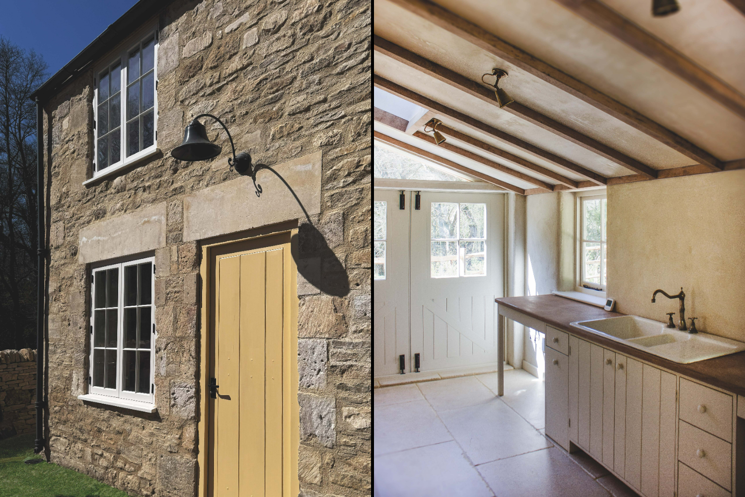 Collage of a stone building exterior with a yellow door and an interior showing a simple kitchen with a double-basin sink.