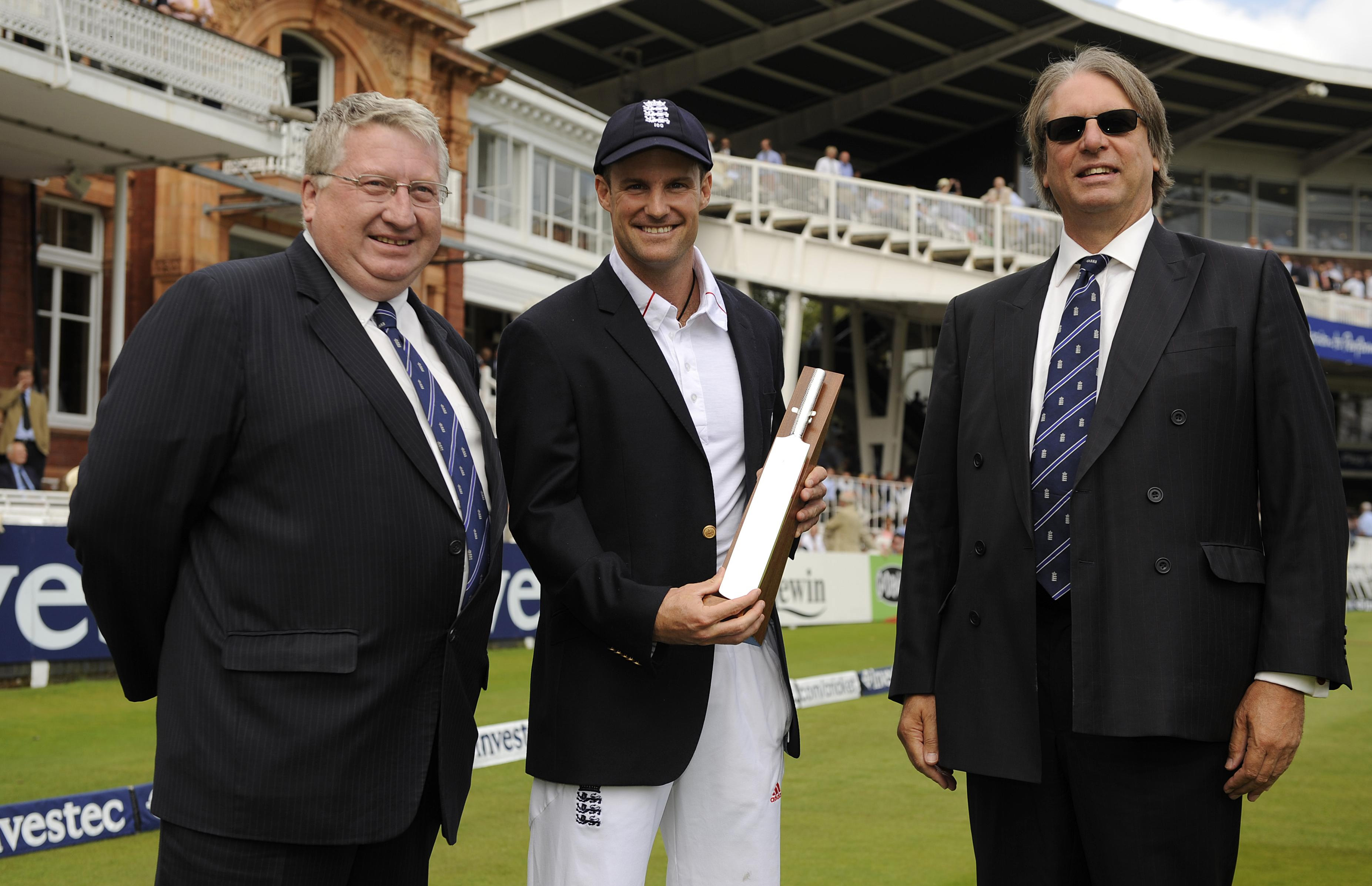Andrew Strauss receiving a silver bat at Lord's Cricket Ground.