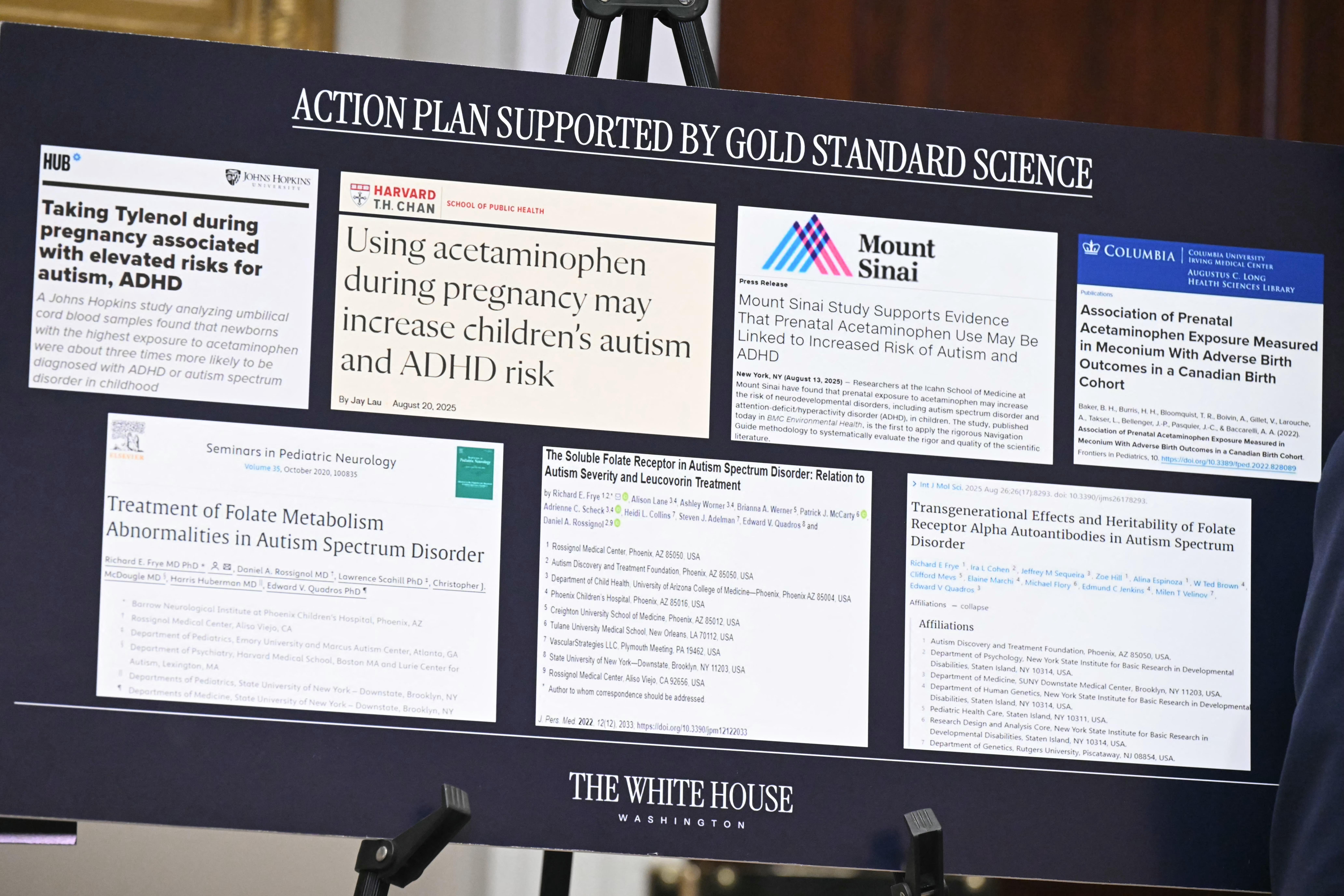 A sign with medical articles about autism and ADHD displayed in the Roosevelt Room of the White House.