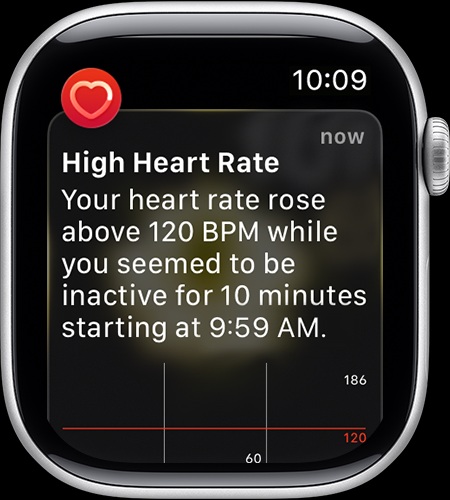 Apple Watch showing a high heart rate notification of 120 BPM while inactive.