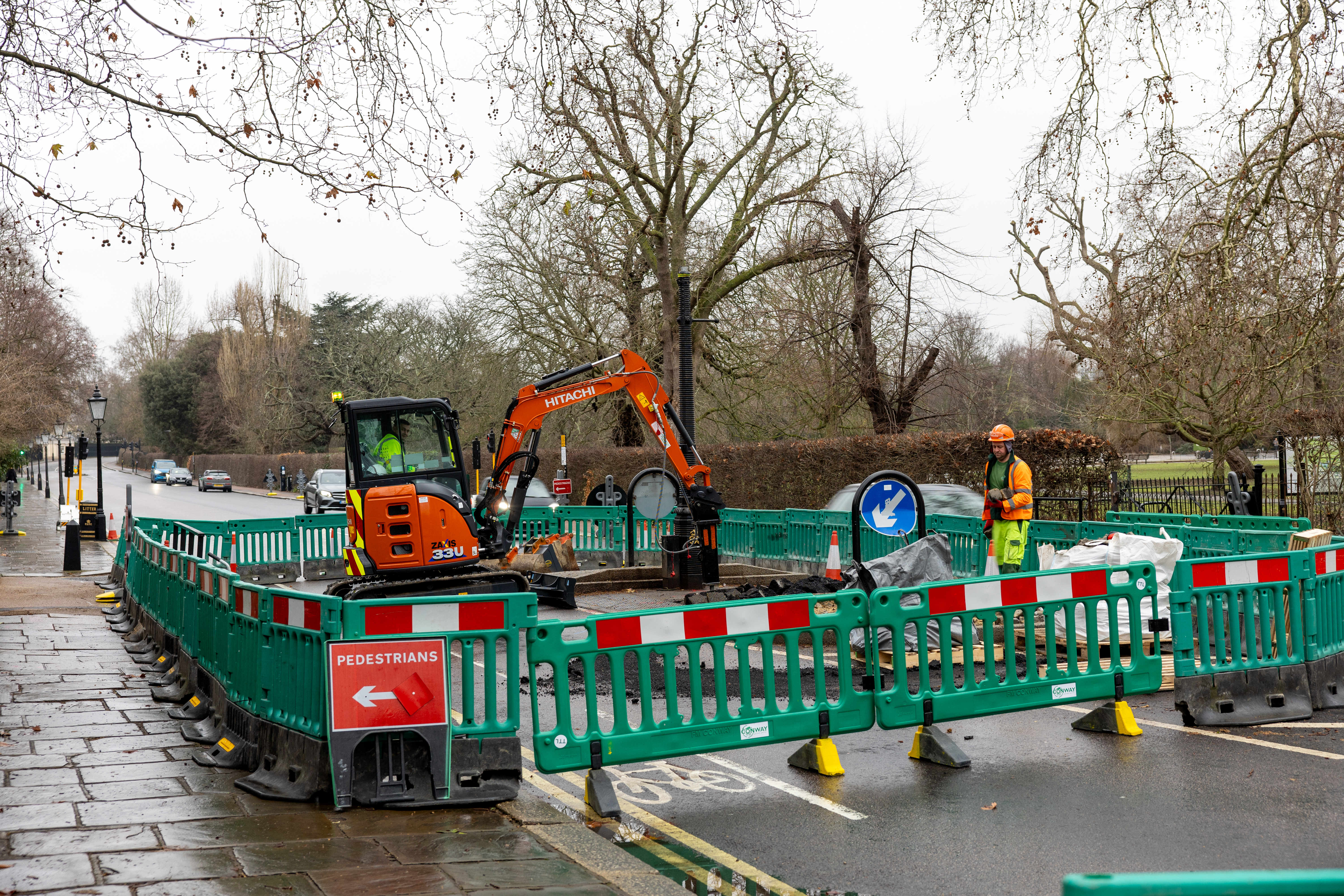 Construction work in Regent's Park for new traffic lights.