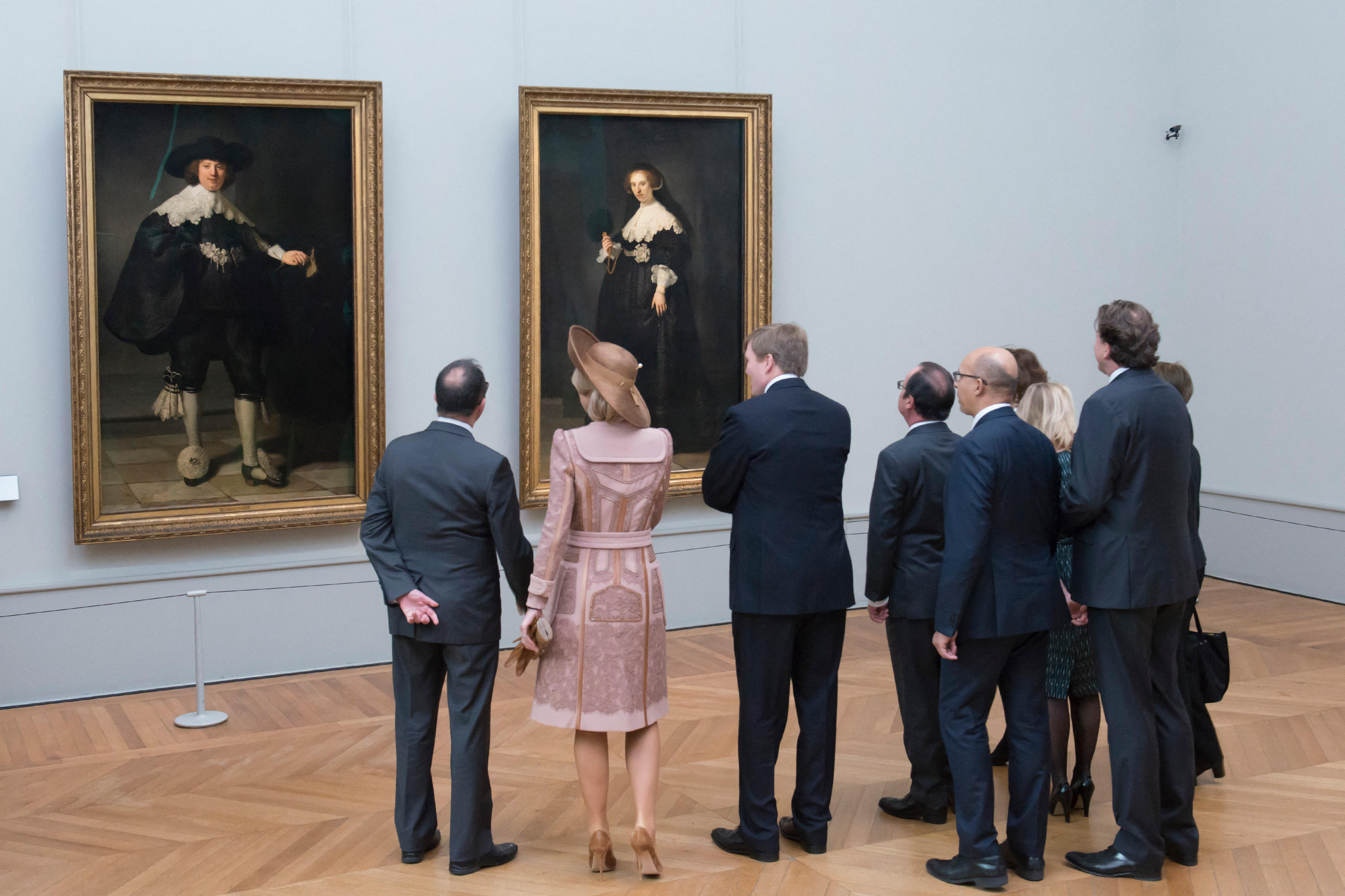 Queen Maxima and King Willem Alexander of the Netherlands visiting the Louvre Museum to view Rembrandt's paintings "Maerten Soolmans" and "Oopjen Coppit".